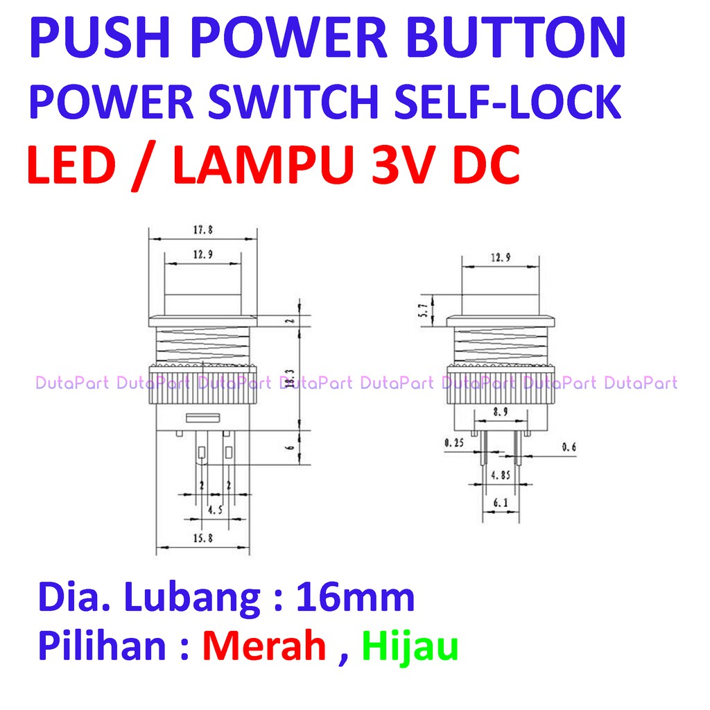 Push Power Button SELF-LOCK LED 3 Volt DC Switch R16-503 Saklar Bagus