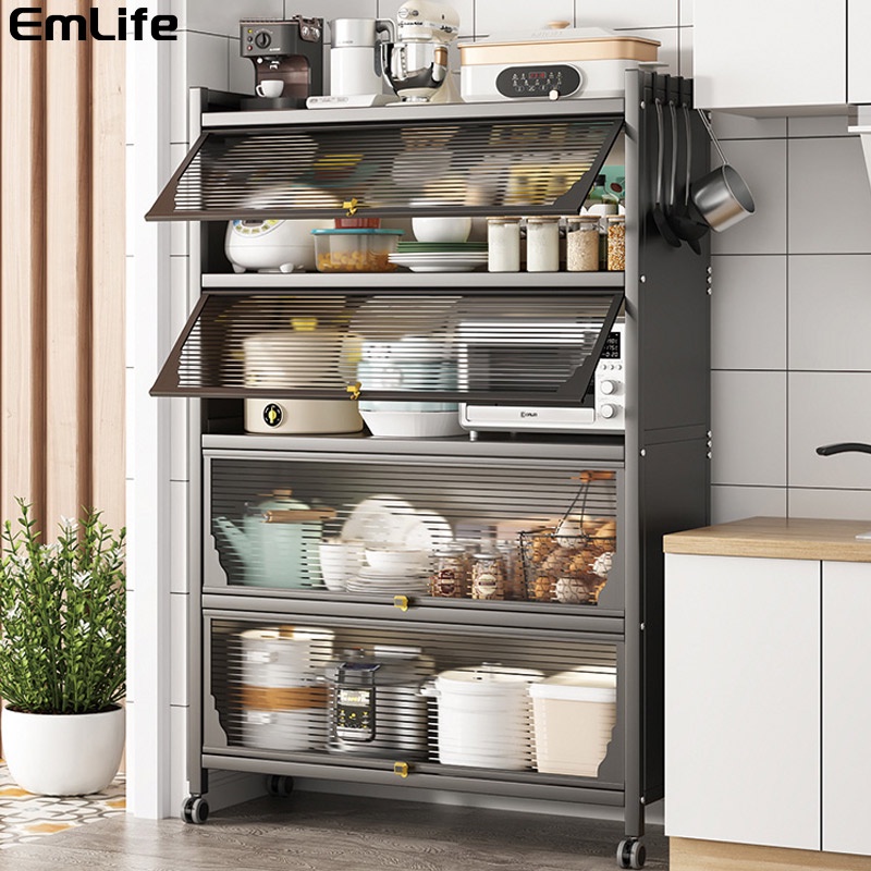 Rak Kabinet Dapur Rak Lemari Dapur Oven Microwave Rak Penyimpanan Multi-layer Dengan Roda Pintu