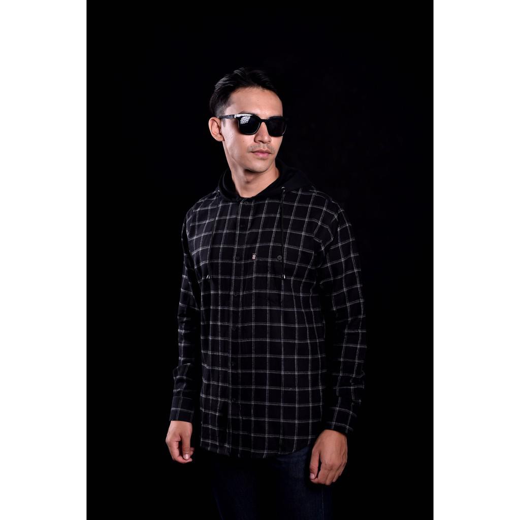 Hoodie Broodis Flanel Pria Motif Black Walker