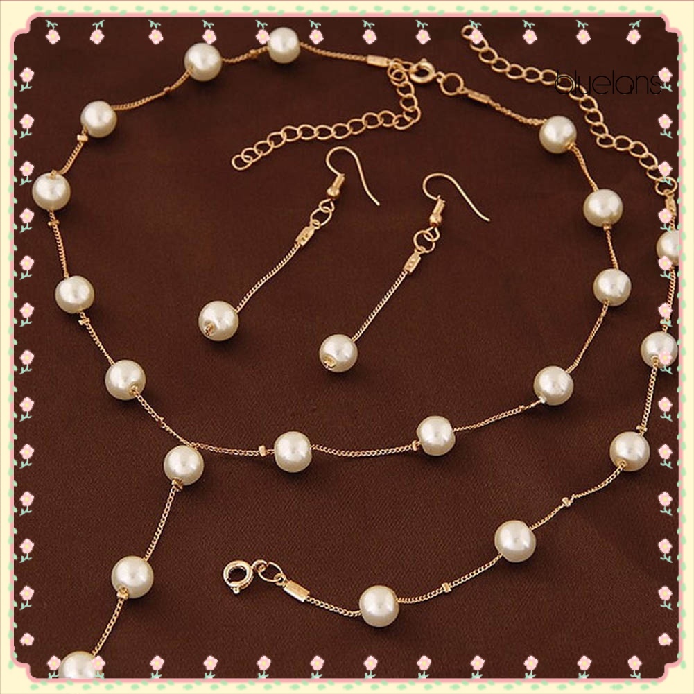 Bluelans 3Pcs Sweet Women Faux Pearl Long Chain Dangle Earrings Bracelet Necklace