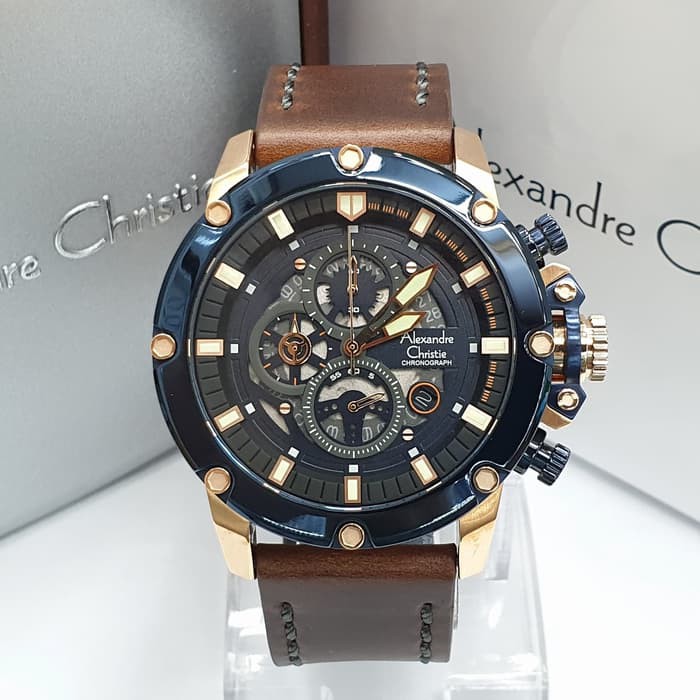 JAM TANGAN PRIA ALEXANDRE CHRISTIE AC 6416 / AC6416 ROSEGOLD BLUE LEATHER BROWN ORIGINAL