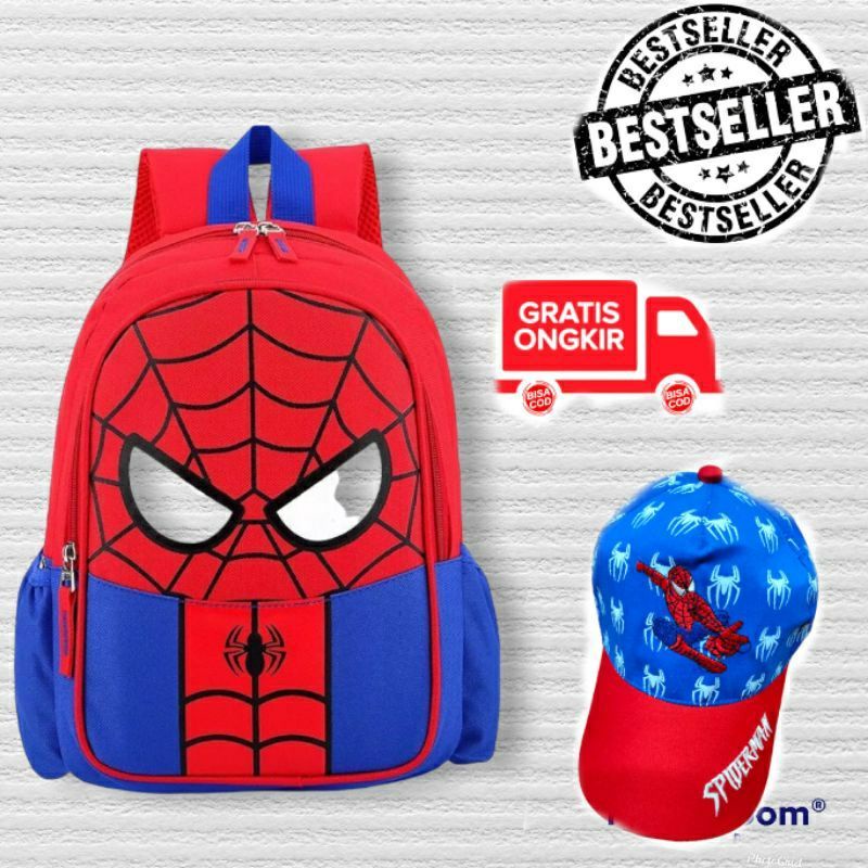 tas sekolah anak sd dan topi anak 2in1 motif spiderman  batman tas ransel ahak laki laki ransel sekolah