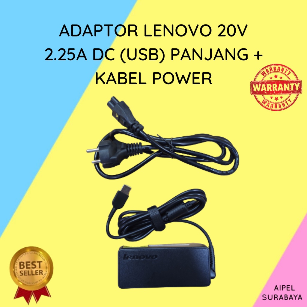 LENOVO20225UPSKP | ADAPTOR LENOVO 20V 2.25A DC (USB) PANJANG SLIM + KABEL POWER