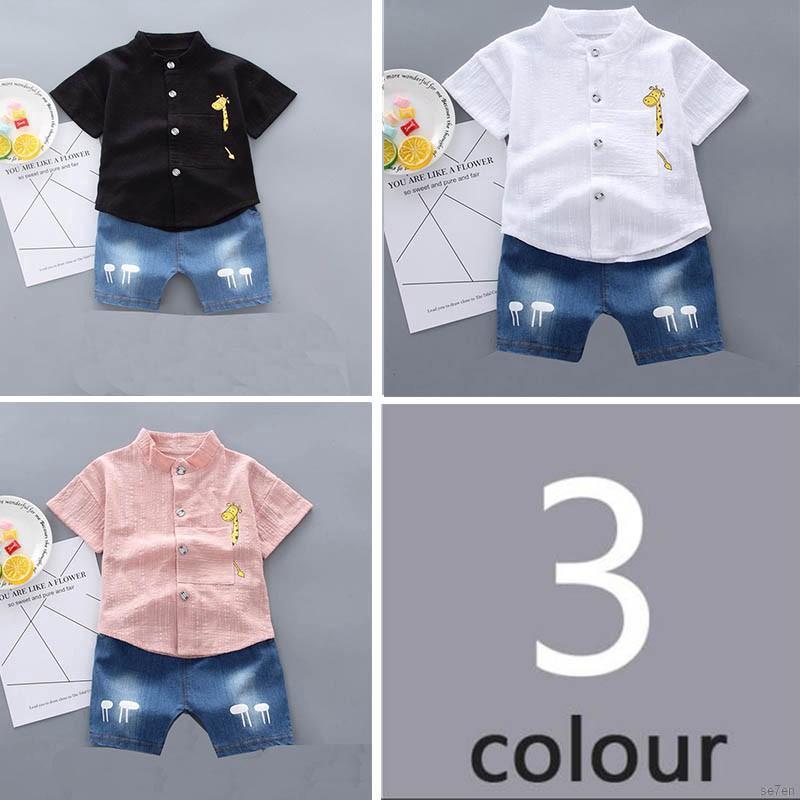 Set 2Pcs Kaos T-Shirt Casual Lengan Pendek Gambar Kartun Rusa Warna Polos + Celana Denim ...