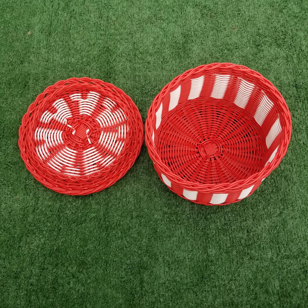 AKN88 - Kerajinan Tangan Rotan Keranjang Bulat Tutup Kancing Warna 23x23x14cm