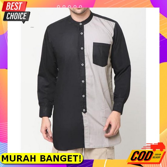 Koko Kurta Dewasa Lengan Panjang Model Kombinasi Material Cotton Adem Serap Keringat Pakaian Muslim 