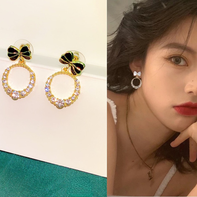 Anting Tusuk Desain Pita Hias Zircon Gaya Korea Serbaguna Untuk Wanita