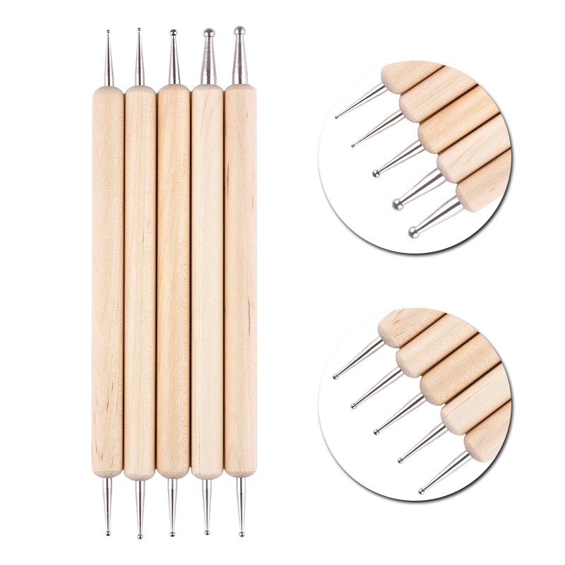 5pcs Pen Dotting Kepala Ganda Bahan Kayu Untuk Desain Manicure