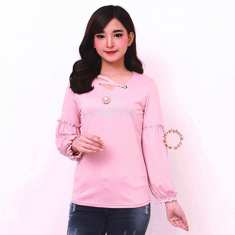 Lovelybutik - Kaos Wanita Lengan Panjang Pretty Kaos Lengan Panjang Polos Korea Kekinian