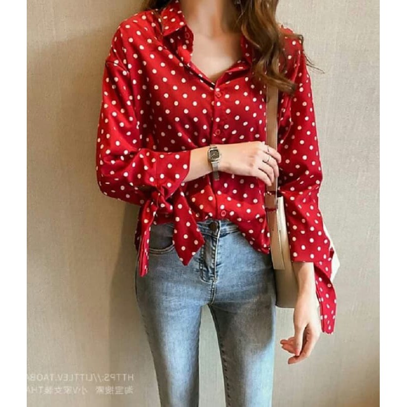 Import Bangkok Murah - Kemeja Atasan Kemeja Wanita Kemeja Kota KZ783  Polkadot Merah [Baju   0140]