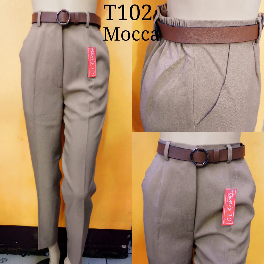 T02 Celana  bahan wanita  high waist warna  mocca krem  bahan 