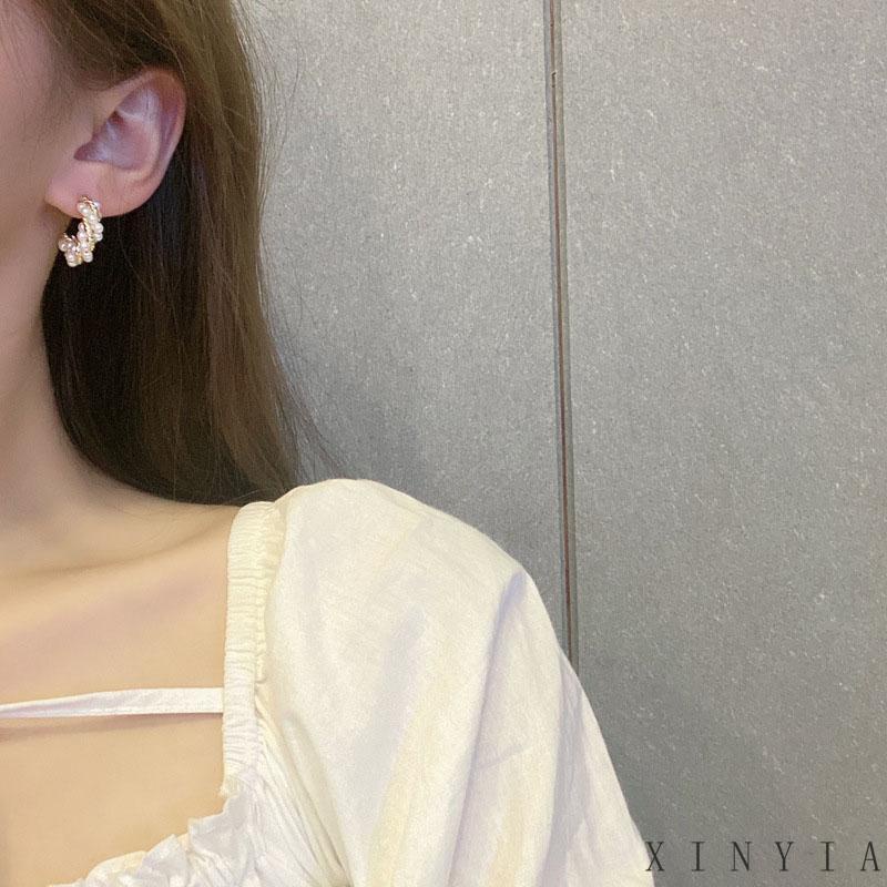 Perhiasan Anting Bentuk C Spiral Aksen Mutiara