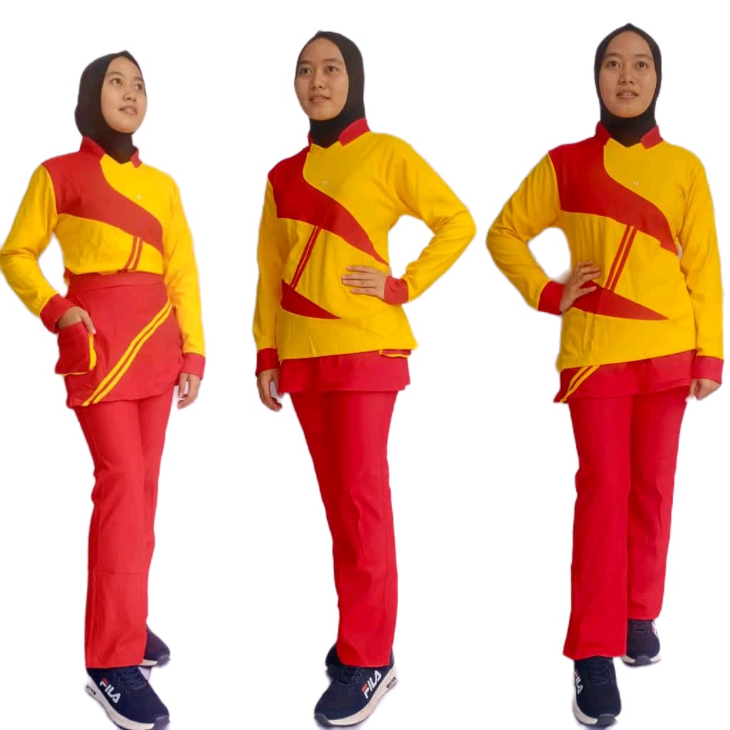 baju olahraga senam wanita setelan terbaru kuning bahan denim spandex katun