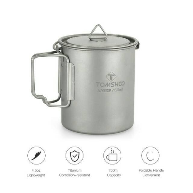 Tomshoo titanium pot cup mug 750ml with lid and foldable handle outdoor camping piknik