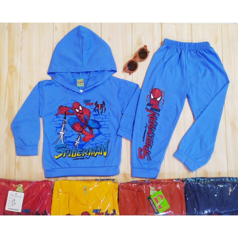 SETELAN UPIN IPIN  SPIDERMAN BOBA HODDIE 2-7 THN BAJU ANAK TOPI KEKINIAN