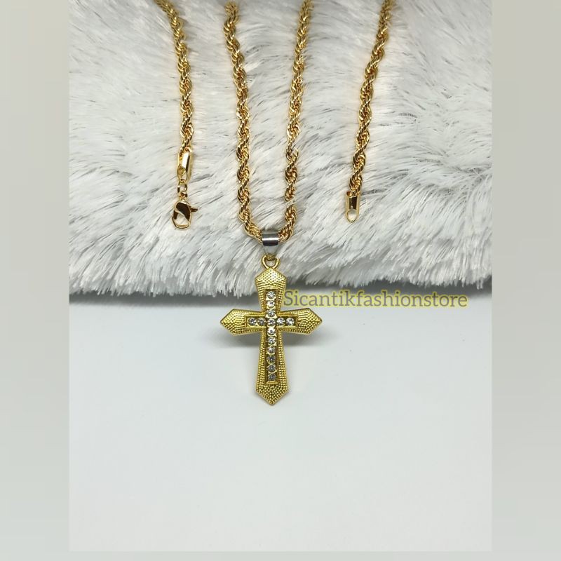 Kalung Titanium pria tambang lilit liontin Salib Gold Terlaris anti Karat liontin salib Gold permata