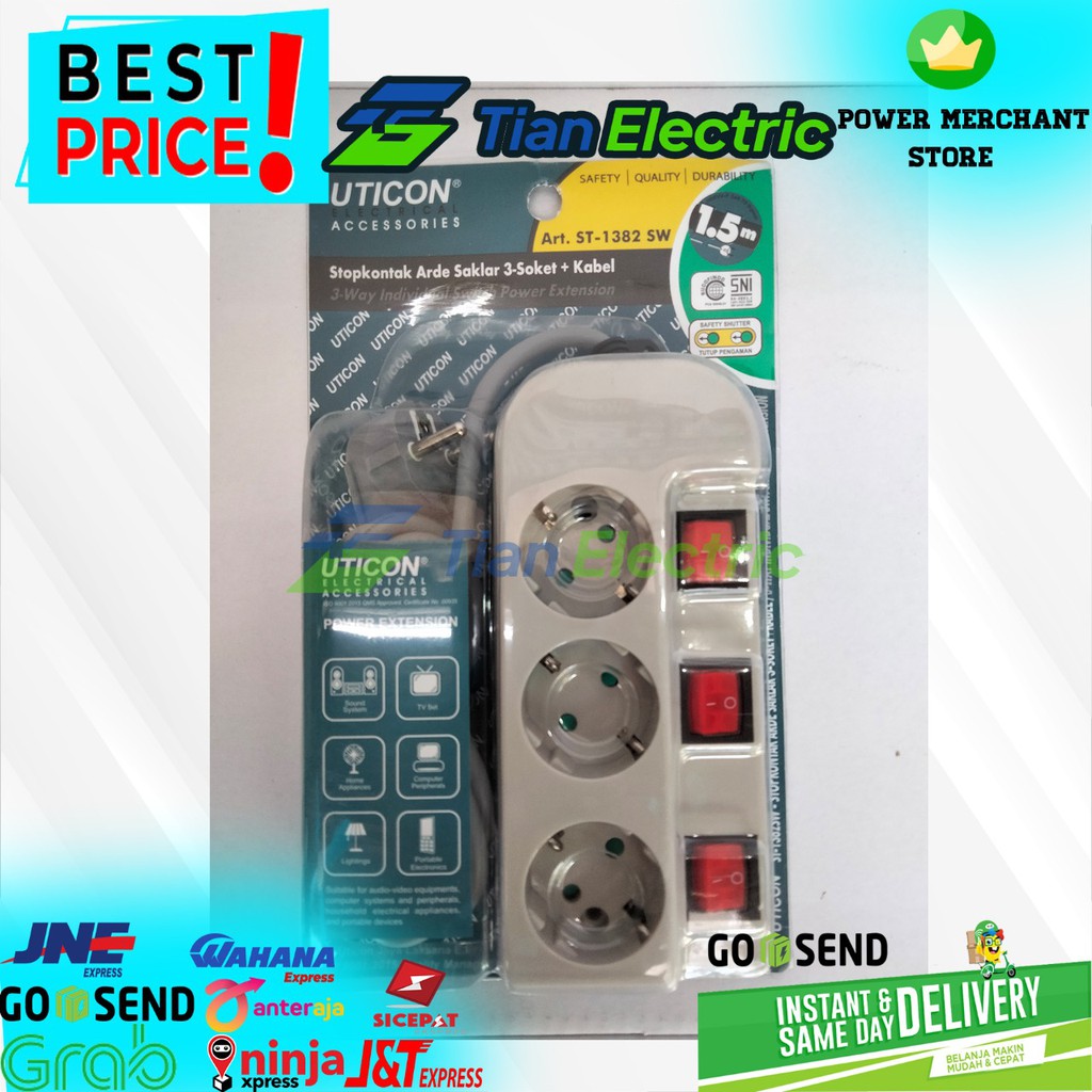 UTICON ST-1382SW Stop Kontak Arde Saklar 3 Soket + Kabel 1,5M