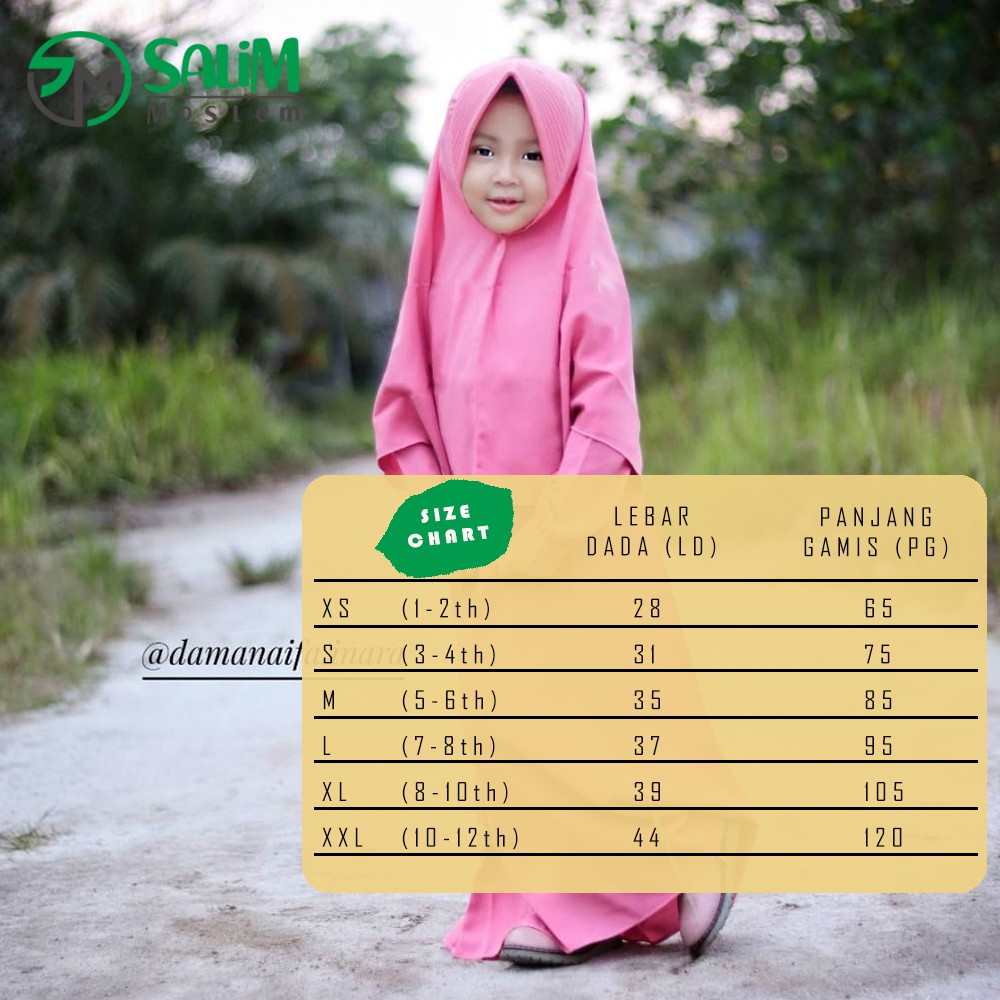 Salim Moslem Gamis Anak Syari Set Kerudung Besar Usia 1-10 Th Hitam-Navy-Ccoklat-Maroon-Pink-Putih