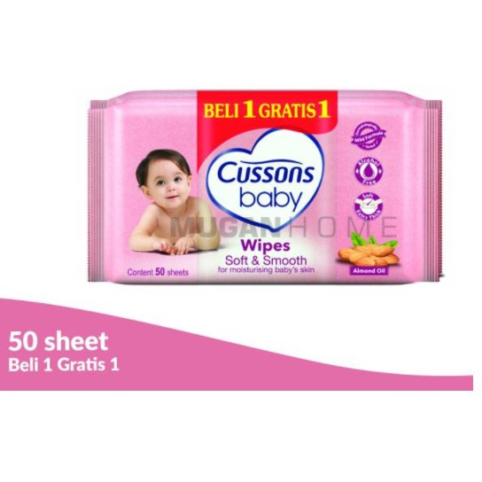 [Beli 1 Gratis 1] CUSSONS Baby Wipes Soft &amp; Smooth 50’s / / Tisu basah / Tissue basah PINK 50 lembar