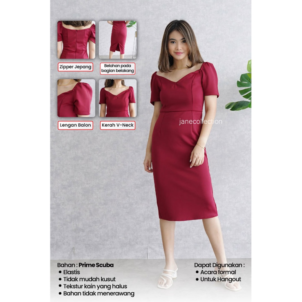 JANE COLLECTION || Midi Dress Korea Lengan Pendek Balon V Neck Sweetheart Neck Sabrina Panjang Slit Selutut Dress Bodycon Bella