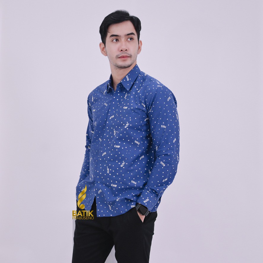 KEMEJA ATASAN BATIK PRIA PRABUSENO BATIK CAP MOTIF TITIK BIRU KEMEJA BATIK PRIA LENGAN PANJANG FULL 