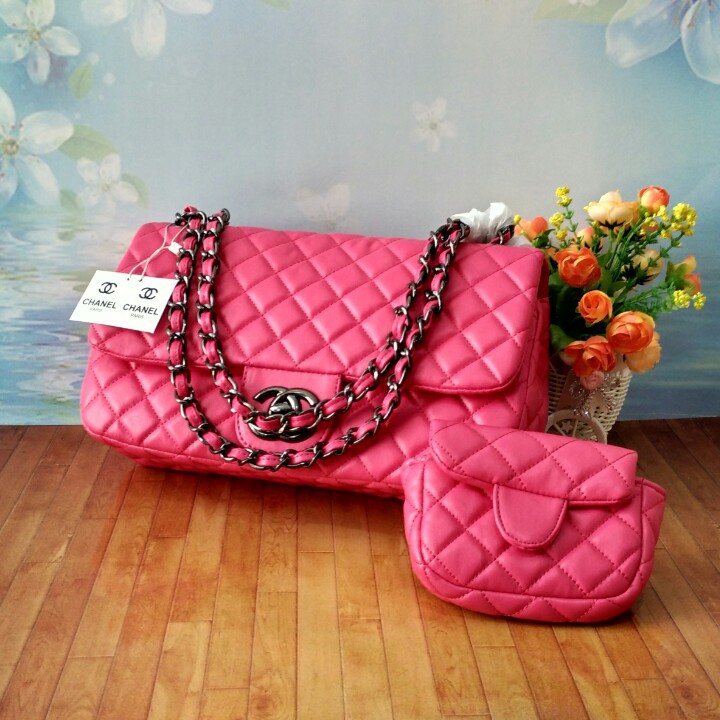 Terbatas Tas Branded Chanel Ibu Anak Tali Rantai Blacknickel Warna Pink Fuschia