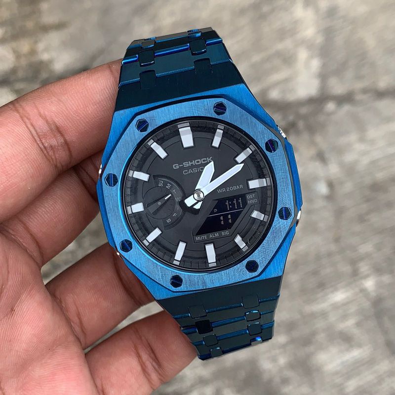 Jam Tangan G-Shock Original GA2100 GA-2100 Oak Custom Strap dan Bezel Stainless Steel Biru 08