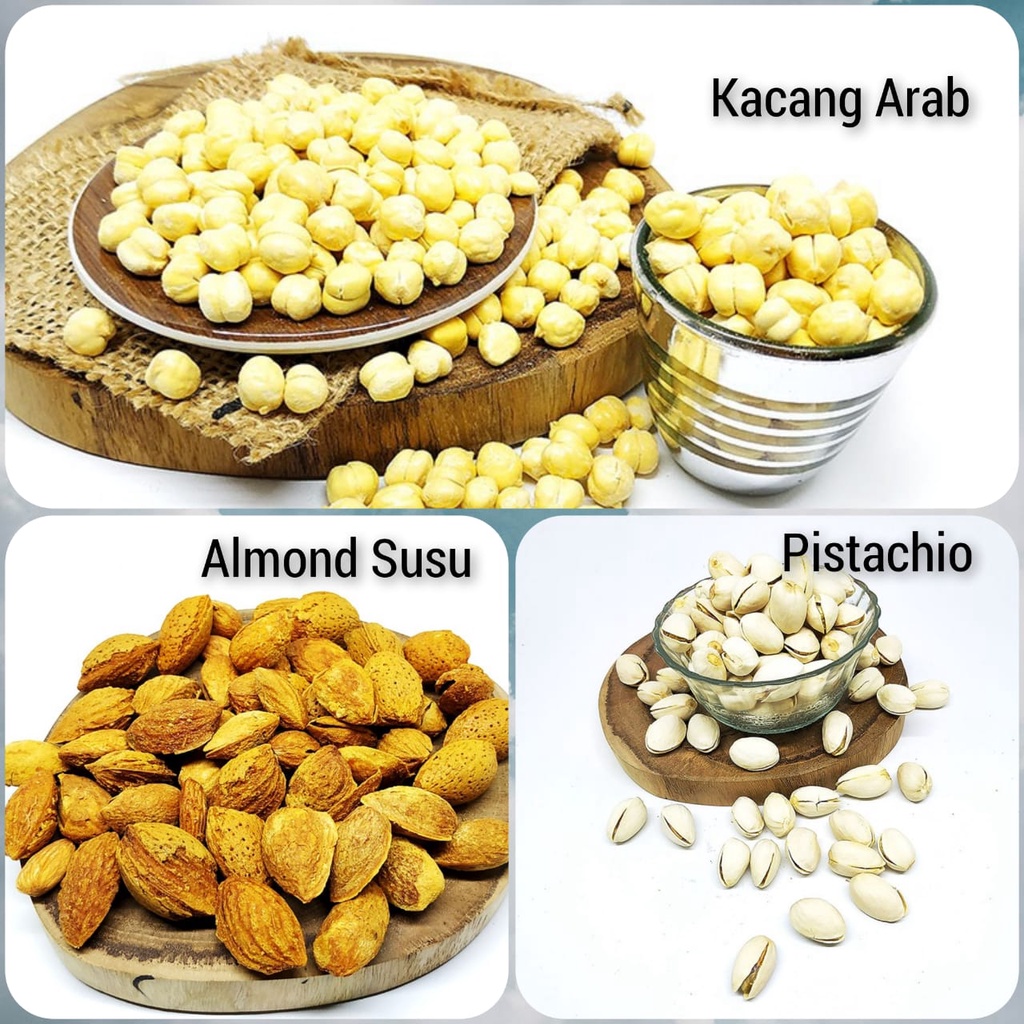 

KACANG PREMIUM : PISTACHIO, ALMOND, & KACANG ARAB 100 gram
