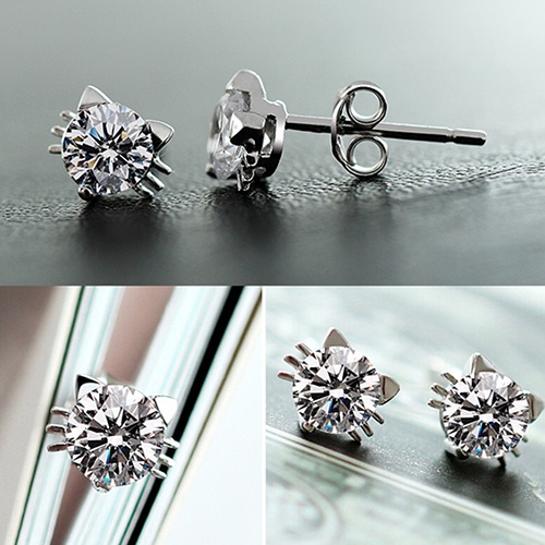 Hu Hu Hu Hu Hu Alat Bantu Pasang Kacamata♡ Anting Tusuk Sterling Silver 925 Desain Telinga Kucing Hias Zircon Berkilau Untuk Wanita