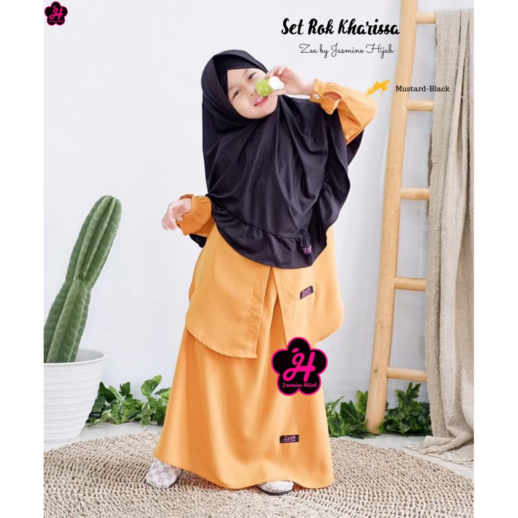 Set Rok Khairissa Anak Perempuan (Mustard-Hitam) | Setelan Khimar Ruffle + Rok | Baju Muslim Anak Ke