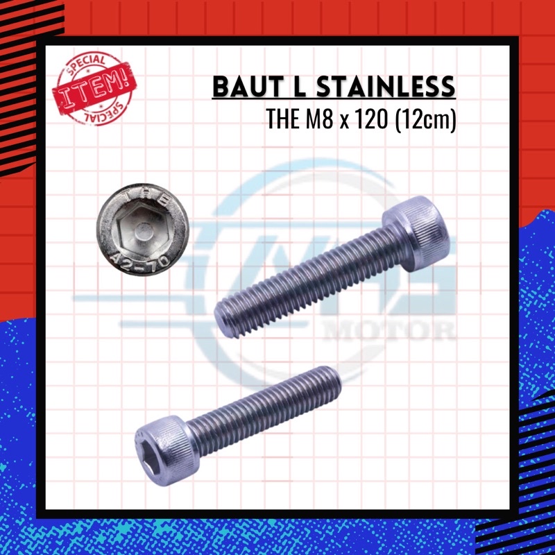 Baut L M8 x 120 (12cm) Stainless 304 THE A2-70/ Kunci L6