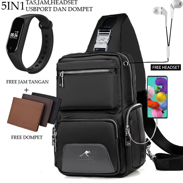 TANMESO 5IN1 BAYAR DITEMPAT- JAM LED -HEADSET- DOMPET -USBPORT -BAHAN GLOOSY PREMIUM BUKAN KANVAS ATAU PARASUT-TAS WATERPROOF-TAS SELEMPANG PRIA-SLING BAG PRIA