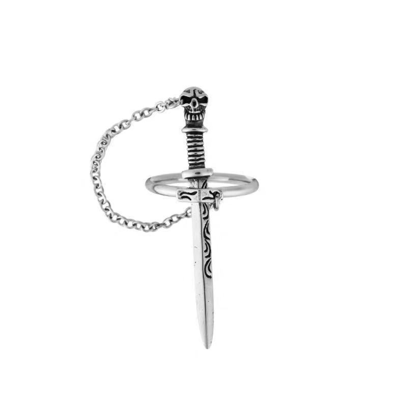 Glitter Gothic Punk Skull Sword Movable Plug-in Finger Ring Medieval Knight Dagger Chain Ring Band Vintage Statement Jewelry