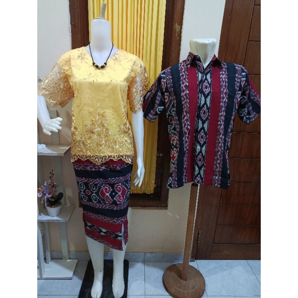 couple setelan tenun blouse brokat & kemeja tenun