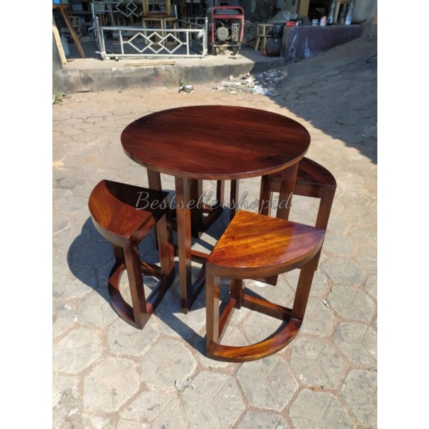 Meja Makan Minimalis Bulat 4 Kursi/Meja Makan Jati Bulat 4 Kursi Cafe/Meja Makan  Jati Resto