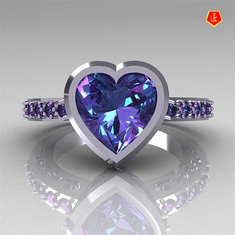 [Ready Stock]Amethyst Heart-Shaped Moissanite Ring Stylish and Elegant