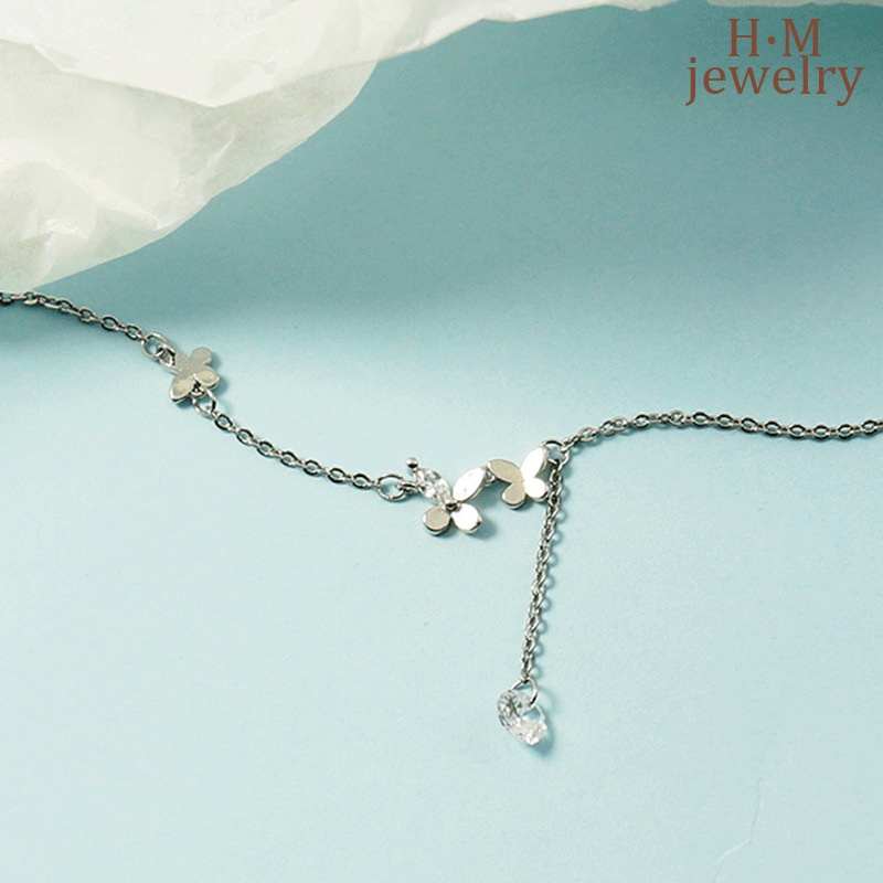 Gelang Kaki S925 Silver Model Rumbai Kupu-Kupu Aksen Berlian Butterfly