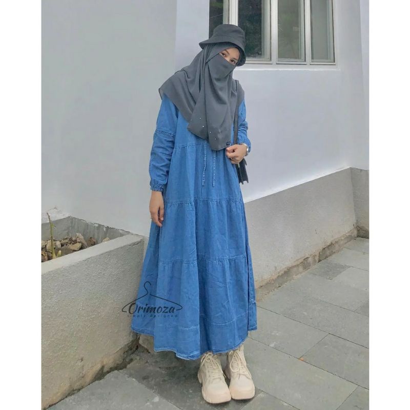 Stone Midi Dress Wanita Jumbo Jeans Washed LD 120