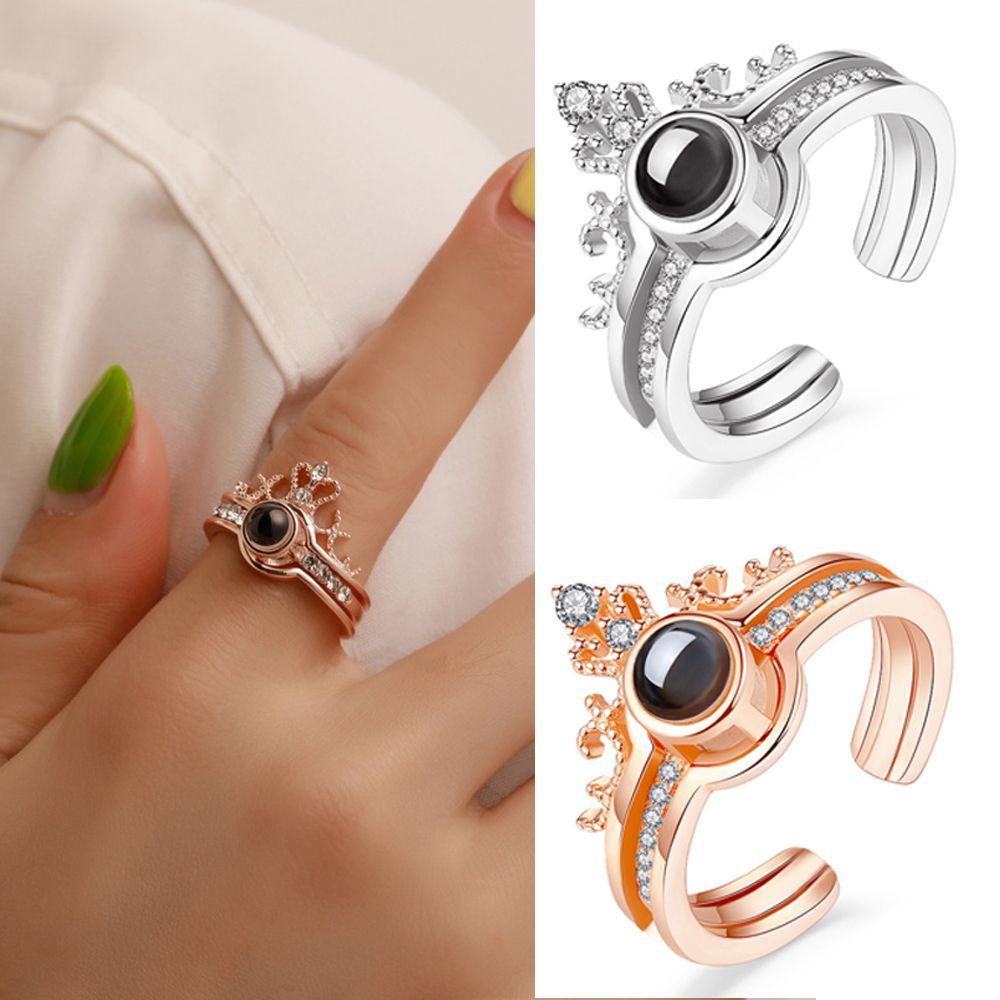 R-flower Projection Ring Cincin Pasangan Pesta Pernikahan Berlian Bentuk Mahkota Terbuka I Love You