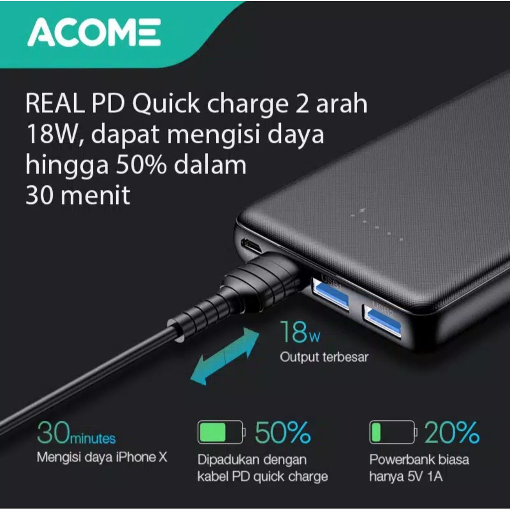 KHANZAACC ACOME AP104 POWERBANK 10000mAh 2 Input 3 Output Fast Charging PD QC3.0