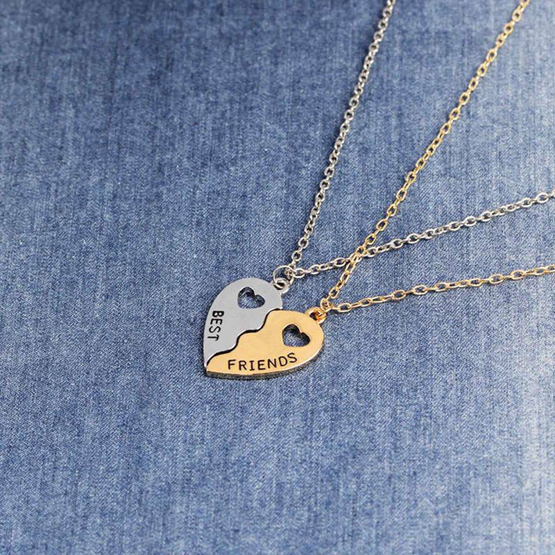 2Pcs Friend Heart Silver Tone Rhinestone Pendant Necklace Bff Friendship Jewelry