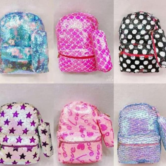 

Tas sequin motif star, love ukuran besar + Tempat pensil