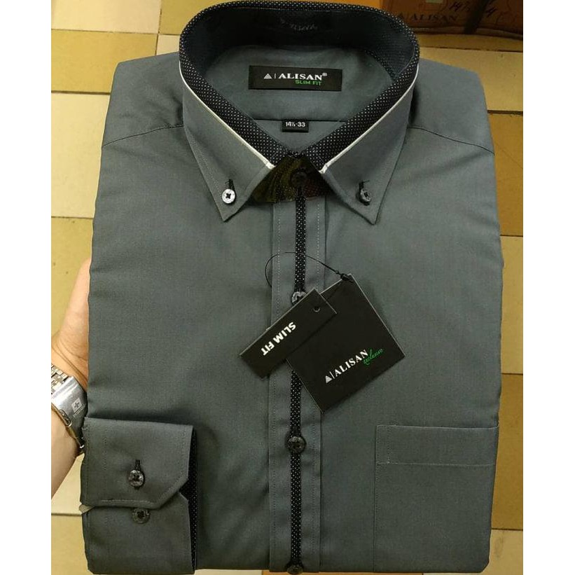 MURAH KEMEJA PRIA ALISAN SLIMFIT PANJANG MERAH MAROON ABU TUA LIST TENGAH - MAROON, S