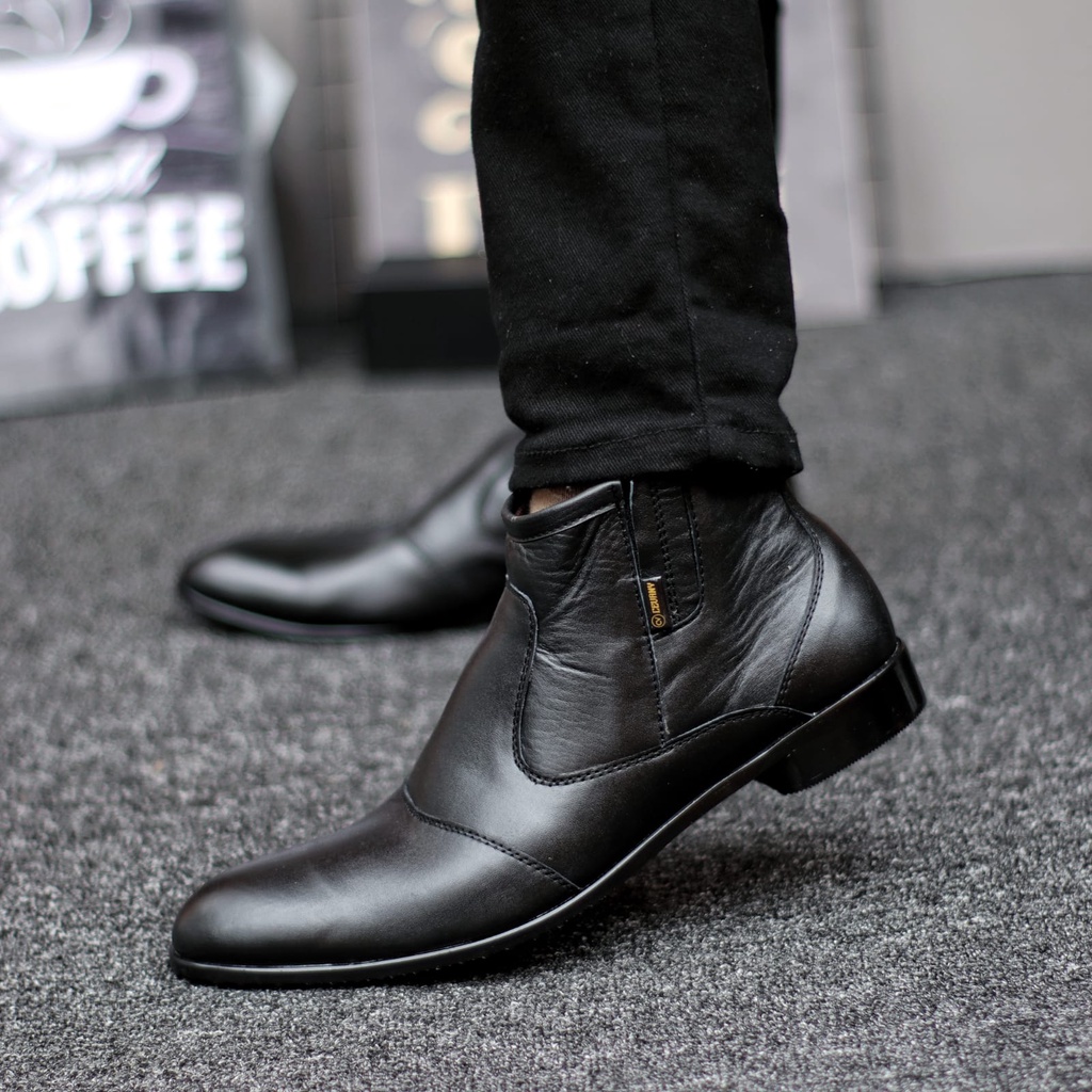 Sepatu Boots Pantofel Kulit Asli Formal Resleting Kerja Hitam Pria Abrhm Fox