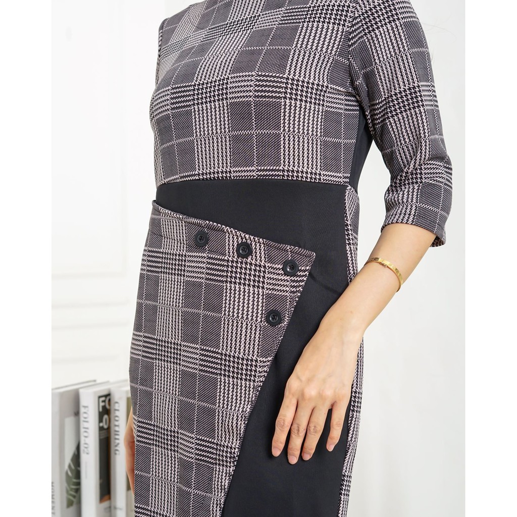 DS1479 - DRESS PESTA MOTIF FLANEL MIDI DRESS KANTOR WANITA MODERN MURAH