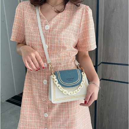 ORI TAS SELEMPANG WANITA PESTA KOREA SLING BAG MEWAH IMPORT KULIT PUTIH BIRU RANTAI ABG MEIN TA153W1