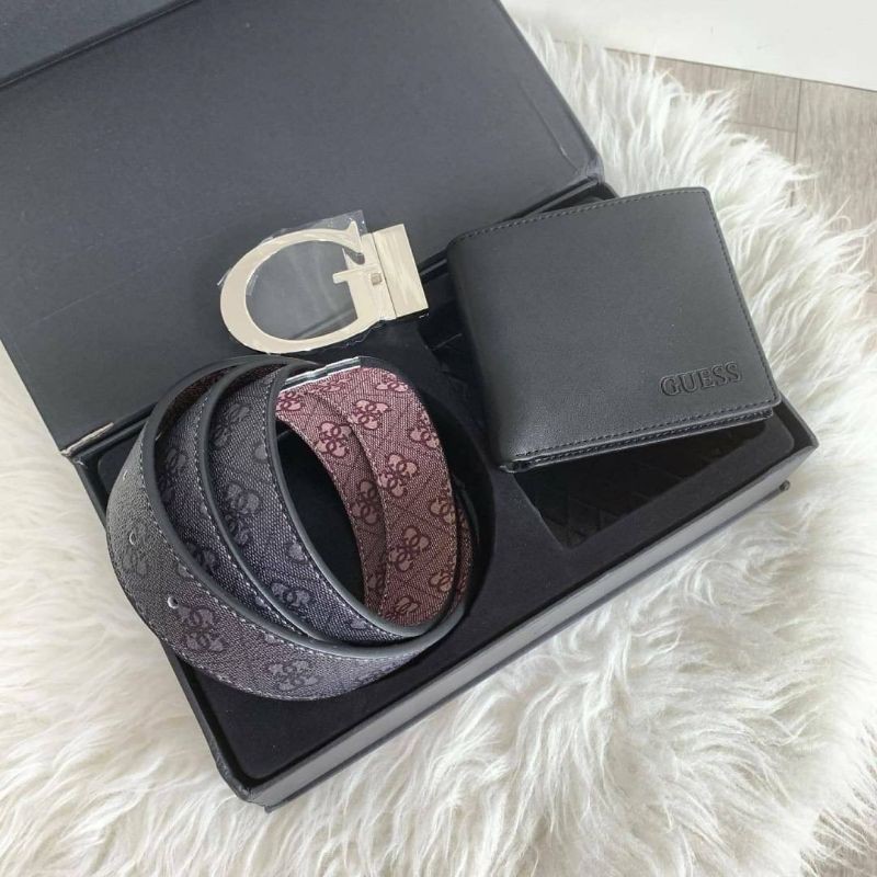 g188 set box guess dompet & belt pria