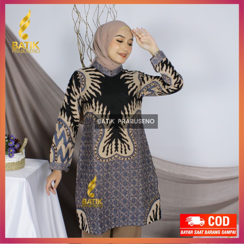 AZANI Tunik Batik Wanita Prabuseno Modern  Lengan Panjang Katun Lapis Furing Modern Kerja Kantoran O