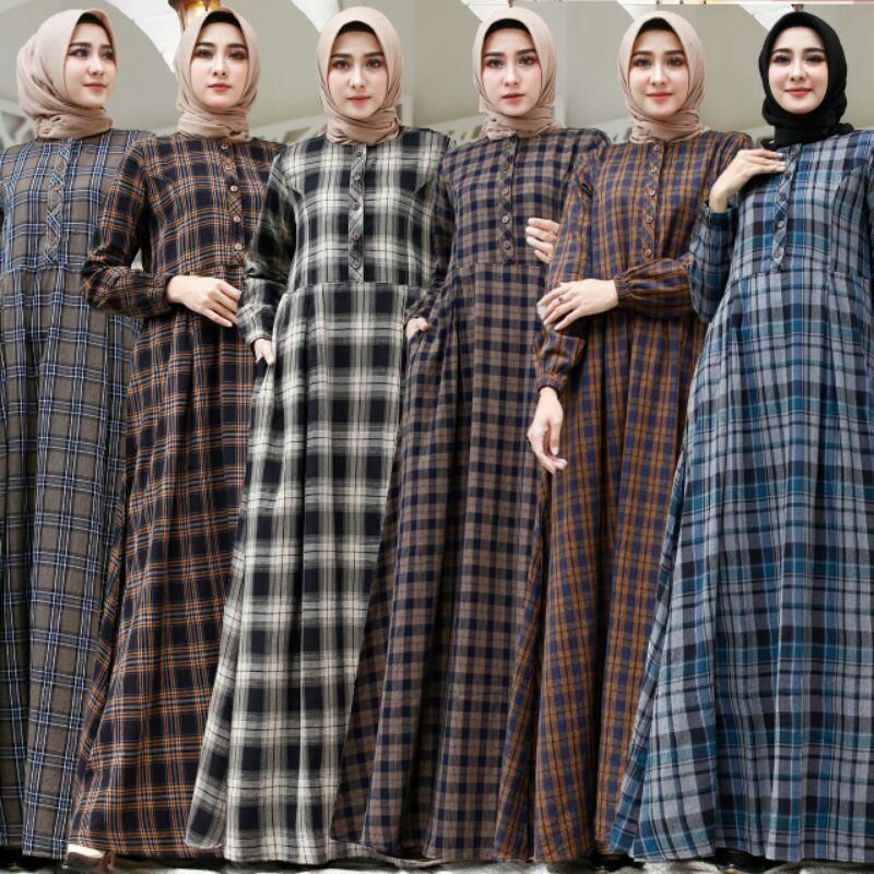 baju gamis wanita dress muslim terbaru Radiafashion Gamis Flanel Impor Kotak Kotak original Tatu te 