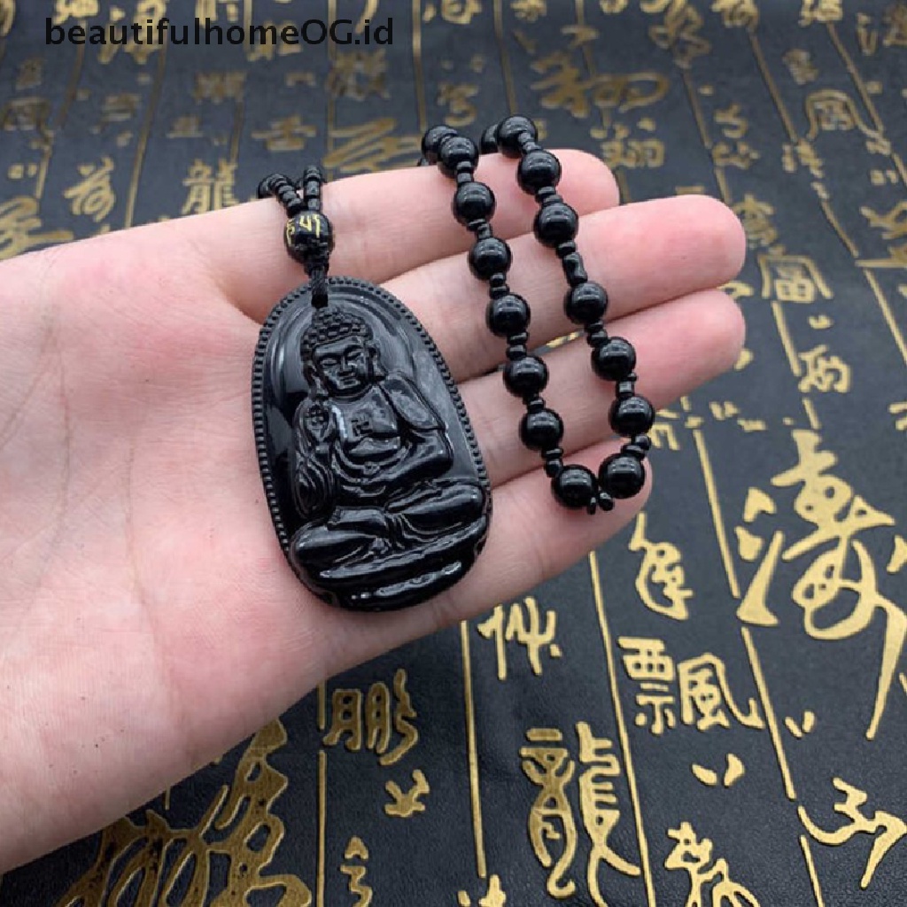 1pc Kalung Liontin Batu Obsidian Alami Ukiran Budha